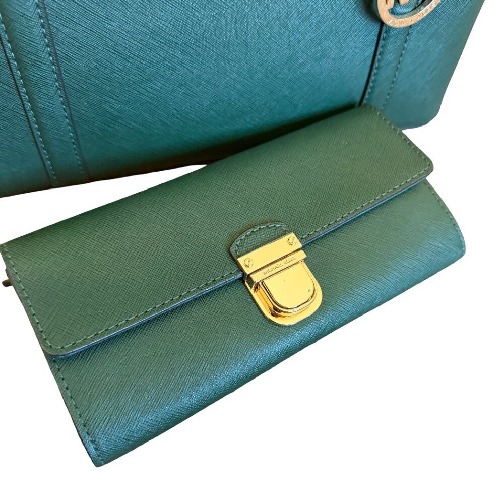Michael Kors Sady Shoulder Bag Tote Purse Moss Green Gold+ Matching Wallet - Picture 10 of 11